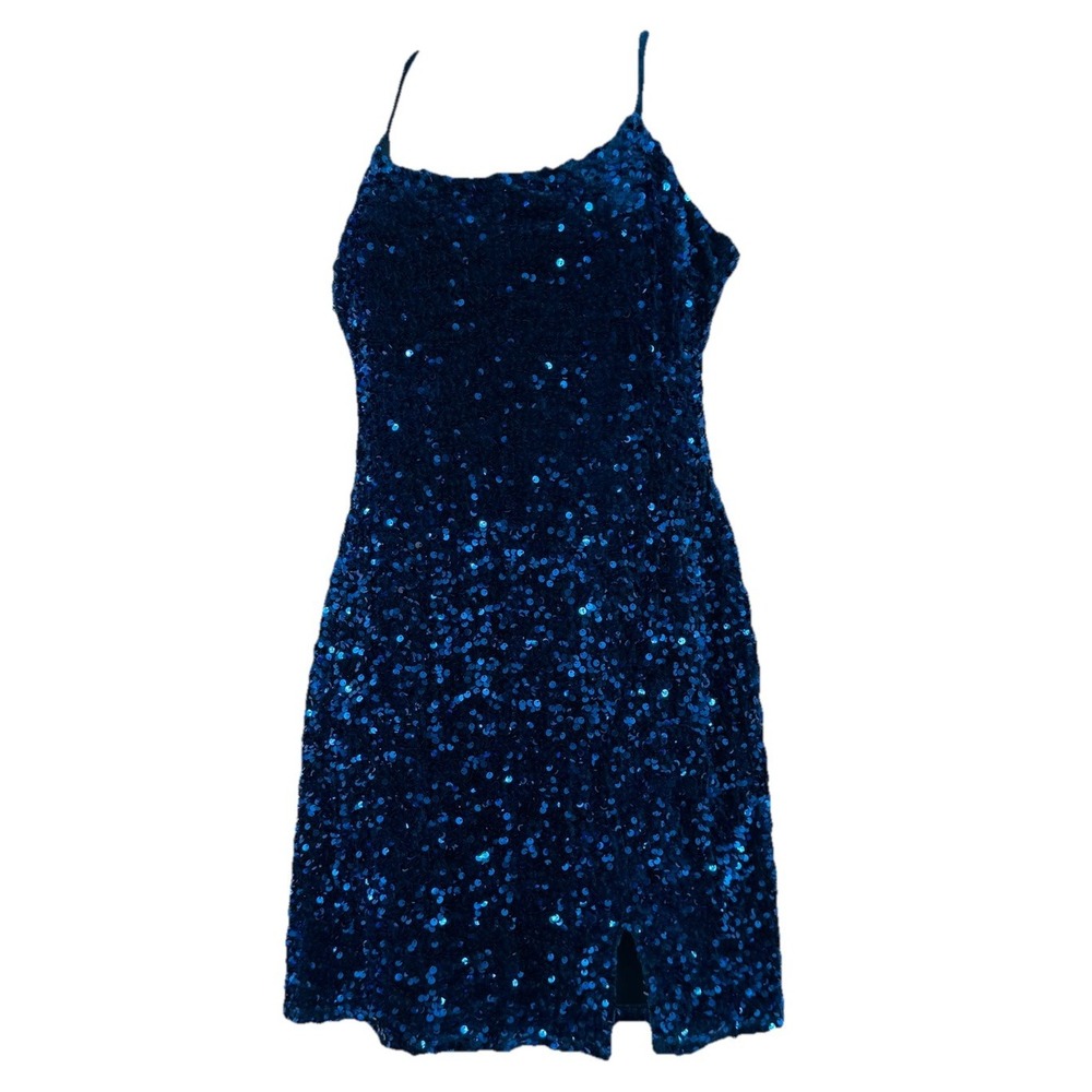 Midnight Doll Blue Velvet Sequin Thin Straps Mini Dress Party Cocktail New Year